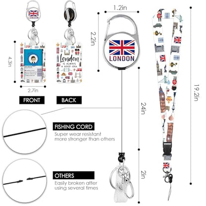 Lanyards for ID Badge, London ID Badge Holder with Retractable Reel Clip and Keychain, Vertical Heavy Duty Identity Card Cover Case Protector, Lanyard with Id Holder for Teacher Nurse - color: London-white
