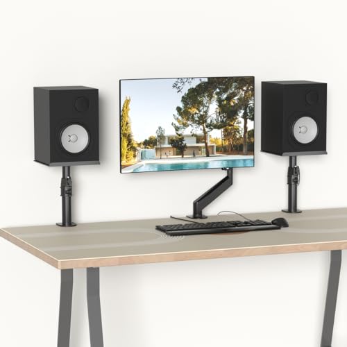 suptek Clamp-on Speaker Stand Desk Mount Set, Height Adjustment, Tilt, Swivel, 9.6 x 8.8 inch Trays, Universal Audio Holders for Computer and Bookshelf Speakers, Elevated Sound, 2 Pack, Black, SDM001B - color: Black
