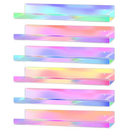 Dezzer 6 Pack Acrylic Shelves for Wall, 15" Acrylic Floating Shelves for Bathroom Bedroom, Invisible Bookshelf Wall Ledge Storage Shelf Books Perfume Toys Action Figure Display Shelves, Iridescent - style: 15 inch 6-pack Rainbow