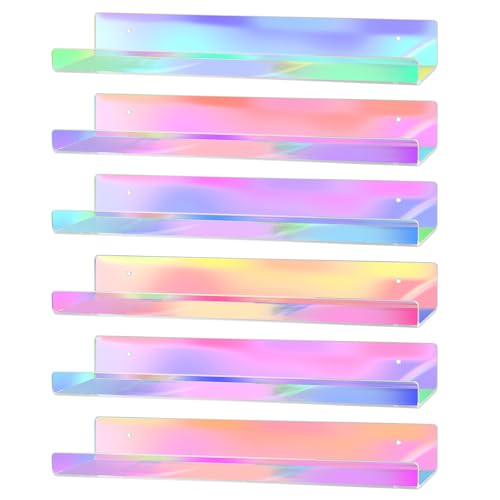 Dezzer 6 Pack Acrylic Shelves for Wall, 15" Acrylic Floating Shelves for Bathroom Bedroom, Invisible Bookshelf Wall Ledge Storage Shelf Books Perfume Toys Action Figure Display Shelves, Iridescent - style: 15 inch 6-pack Rainbow