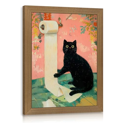 LERVR Wood Framed Funny Bathroom Wall Art, Cute Black Cat Toilet Paper Wall Decor, Whimsical Animal Bathroom Canvas Painting, Humorous Cat Aesthetic Picture for Restroom Washroom 8x10 Inch - color: Cat, size: 10"L x 8"W