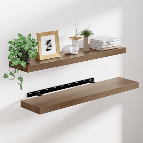 Heimlove Solid Wood Floating Shelves 36 inch, 8 Inch Deep Display Shelves Set of 2, Wall Mounted Floating Shelf with Invisible Brackets for Bathroom Bedroom Kitchen Living Room - American Walnut - color: American Walnut, size: 36”Wx8”Dx1.6”H