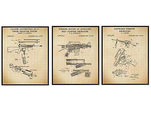 AR-15, M-16 Gun Patent Art Prints - Vintage Weapon Wall Art Poster Set - Home Decor for Man Cave, Office, Living Room, Game, Family Room - Gift for 2nd Amendment, NRA, Military, Firearms, Rifle Fans
