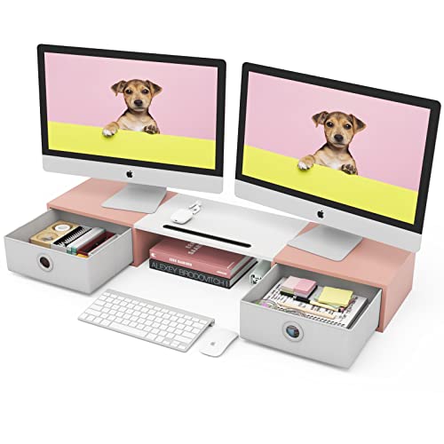 WESTREE Dual Monitor Stand Riser with Two Drawers, Extra Large Storage Monitor Stand for 2 Monitors, Desktop Oraganizer Stand for Computer,Laptop,Screen,Printer,TV - color: Pink