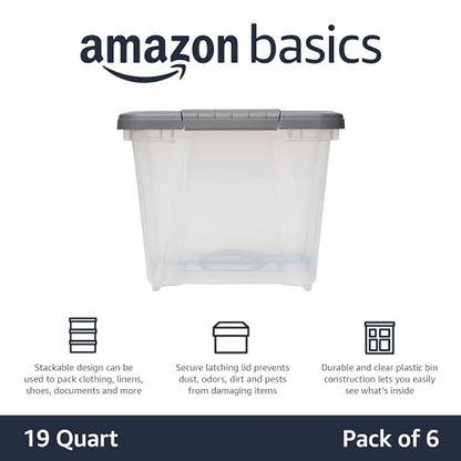 Amazon Basics Plastic Storage Containers with Secure Latching Lids, Stackable Organization Bins, Clear/Grey, 19 Quart, Set of 6 - size: 19 Qt. - 6 Pack
