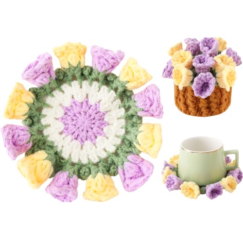 Flower Crochet Coasters, Handmade Bouquet Blanket Coaster with Crochet Plant Pot Fun Soft Decorative Drink Coasters for Coffee Tabletop Protection and Home Decor (Purple and Yellow, 1Pc) - color: Purple and Yellow, size: 1Pc