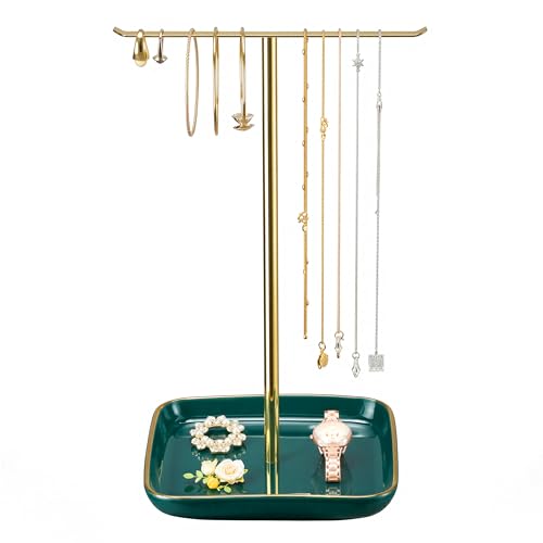 Jewelry Holder Stand with Ceramic Base: 12" Tall Necklace Organizer Rack, Tree Design Display Storage for Necklaces, Bracelets, Rings, Earrings, Aesthetic Room Décor for Girls and Women, Green - color: Green, size: 6.7" base