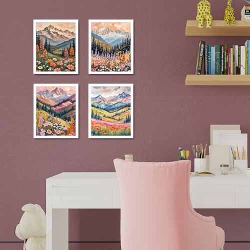 JINYO Boho Abstract Wildflower Mountain Scenery Wall Art Prints Set of 4, Modern Maximalist Colorful Floral Wall Decor Posters Pictures for Home Bedroom Living Room, 8x10 Unframed - color: Boho Abstract Wildflower Wall Art