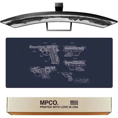 MPCO. Original Large Gaming Desk Mat – 36" x 17" Aeroglyde Blueprints Pistol 38 – Blue Full Desk Mouse Pad for Smooth Precision – Non-Slip, Washable Extra-Large PC Mouse Pad for Gaming Sessions - color: Aeroglyde Pistol 38 – Blue