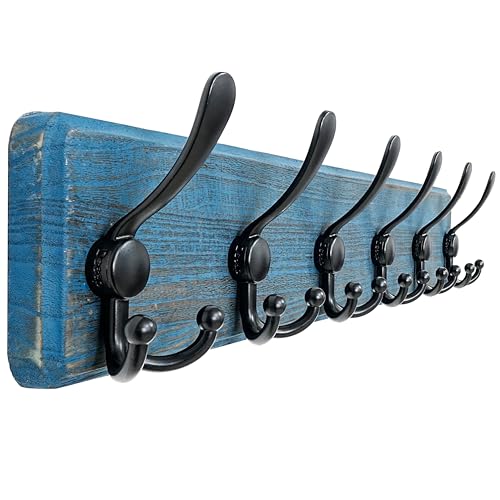 Dseap Coat Rack Wall Mounted - 24" Long 6 Tri Hooks, Heavy Duty Wooden Wall Coat Hanger Coat Hook for Clothes Hat Jacket Clothing, Weathered Blue and Black - color: Weathered Blue & Black, size: L=24"