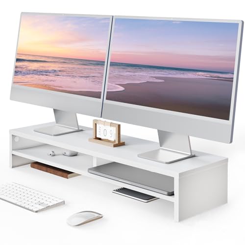 Fenge Monitor Stand, 31.5 Inch Computer Monitor Riser for Desk, 2 Tiers Wood Desk Shelf with Storage, Desktop Organizer for PC, Laptop, Screen, Printer - color: White