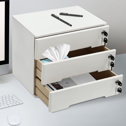 Wooden Desk Organizer with Drawers & Lock, Desktop Countertop Storage Cabinet Lockable Home Office Supplies File Tabletop Organizing Unit (3 Drawers - Modern White) - style: 3 Drawers - Modern White