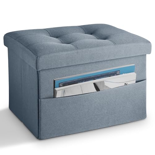 LINMAGCO Storage Ottoman Folding Foot Stool Ottoman with Side Pocket Modern Short Sofa Stool Linen Cloth 17x13x13(FogBlue) - color: Fog Blue(linen), size: 13"D x 17"W x 13"H