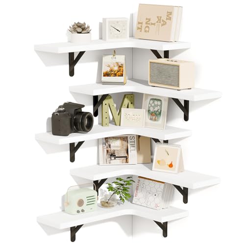 Fixwal Floating Shelves for Wall Set of 5, Rustic Wood Wall Mounted Corner Shelf for Bathroom, Kitchen, Bedroom, Home Decor, Laundry Room, Living Room (White) - color: 5-white