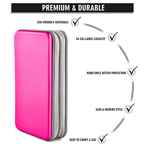 DVD Case, Bivisen CD Case Holder Wallet Binder 96 Capacity CD/DVD Cases Storage Holder Binder Organizer Wallet Book for Car Home Travel (Hot Pink) - color: Hot Pink
