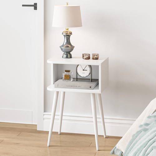 White Nightstand Set of 2, Small Bed Side Table for Small Spaces, Mid Century Modern Nightstand End Table with Open Storage, Side Table for Bedroom Living Room, MLBZ20W-2 - color: White