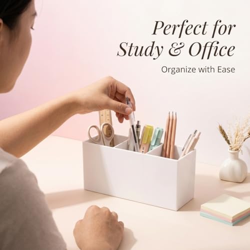 White Acrylic Pen Holder for Desk, 3-Slot Desktop Organizer & Pencil Cup, Makeup Brush Holder for Countertop, Multi-functional Pen Pencil Brushes Holders Caddy (Glossy White)