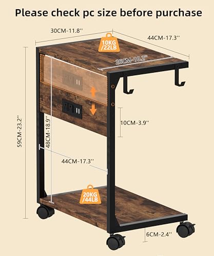 Akxomel 2 Tier Computer Tower Stand with Charging Station, 11.8" D x 16.5" W Rolling Floor PC Tower Stand Fits Under Desk, CPU Holder Cart for Carpet with Hooks, C Shaped End Table for Home Office - color: Rustic Brown