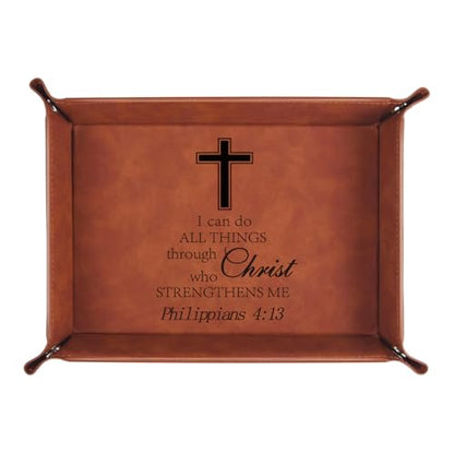 Christian Gifts,Leather Tray Engraved Personalized Tray,Bible Verse Faith Religious Birthday Inspirational Gifts,Valet Desktop Storage Organizer (Philippians 4:13) - color: Philippians 4:13