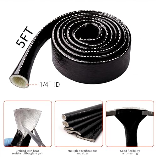 1/4 Inch (6.5mm) ID Heat Shielded Fire Thermo Armor Fire Sleeve Silicone Coated Fiberglass Heat Protection w/ 2 Clamps for Automotive Hose Lines & Electrical Wiring (Black, 5FT) - color: Black, size: 1/4 Inch (6.5mm) ID x 5FT