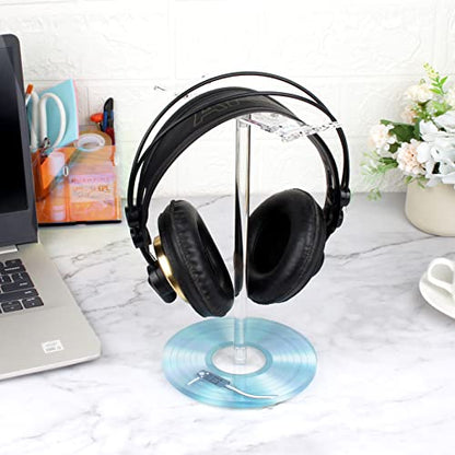Clear Acrylic Headphone Stand with Patterned Base – Universal Holder for AirPods Max, Gaming & Wireless Headphones – Space-Saving Desk Organizer for Home & Gaming Setup (Blue Record/LP) - style: Blue Record/LP