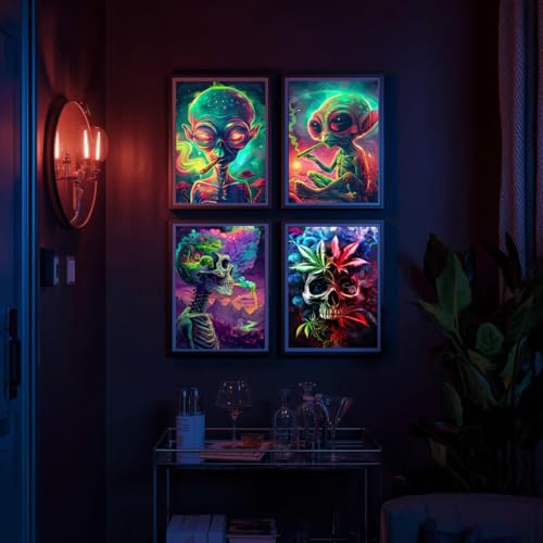 GlowDots Alien Wall Art Set of 4, Psychedelic Skull Posters, Trippy Neon Art Prints, Futuristic Space Room Decor for Bedroom, Dorm, Gaming Room(Unframed)