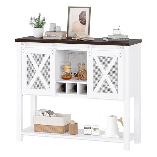 Farmhouse Sideboard Buffet Cabinet With Sliding Barn Doors – Coffee Bar Console Table Featuring Open Storage Shelf & Wine Racks, Entryway Table for Kitchen, Dining Room, Hallway, 46.5” （White & Brown）
