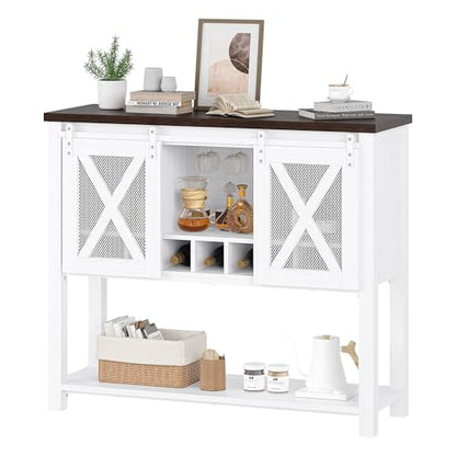 Farmhouse Sideboard Buffet Cabinet With Sliding Barn Doors – Coffee Bar Console Table Featuring Open Storage Shelf & Wine Racks, Entryway Table for Kitchen, Dining Room, Hallway, 46.5” （White & Brown）