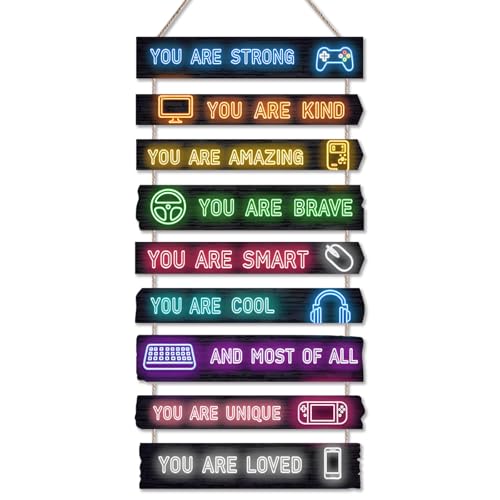 Game Room Decor for Boys, 9-Piece Gaming Wall Art with Inspirational Quotes, Gamer Themed Wooden Signs for Kids Bedroom, Video Game Playroom & Boys Room Wall Decor - color: Black 01