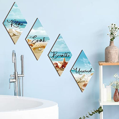 FairySandy 4 Pcs Boho Bathroom Wall Decor 11.8 x 6.69 Inch Bohemian Restroom Wall Art Bathroom Rustic Decoration Farmhouse Minimalist Relax Soak Unwind Breathe Sign for Bedroom Living Room Restroom - style: Sea