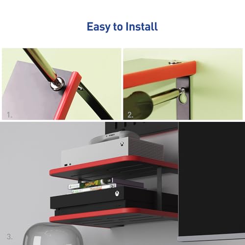 Floating Under TV Game Double Shelf Stand for Xbox Shelf wall Mount for one S/X Series S, Projector Shelf/Router Shelf/Entertainment Center, Projector Holder Accessories, Black Red
