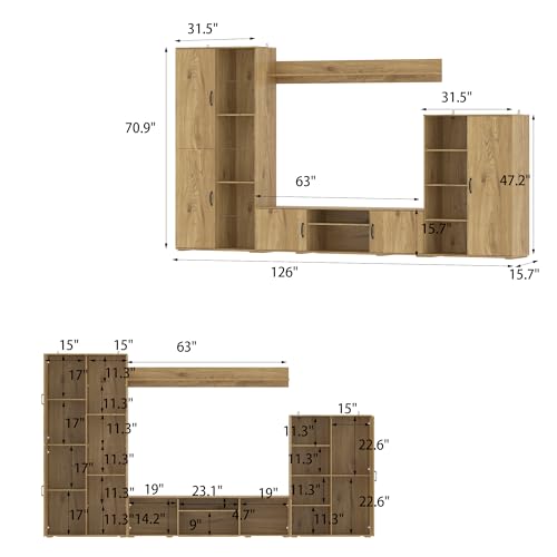 AIEGLE Wall Unit TV Stand with Storage, 126" W Modern TV Console with 5 Doors & Top Rack, Entertainment Center with Bookshelves, Wood Grain Wall Media Center for Living Room, Natural