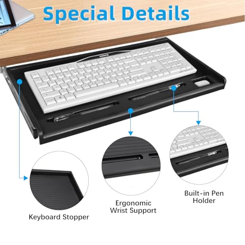 TOOCUST Under Desk Keyboard Tray, 20" Wx11"D Sturdy Key Board Tray Under Desk Slide with Pen Tray, Desk Extender with Pen Holder,Black - size: 20"Wx11"D