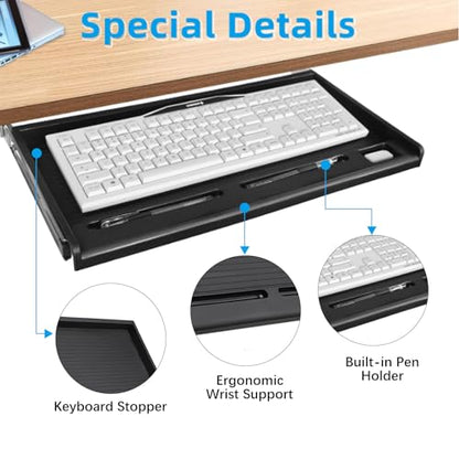 TOOCUST Under Desk Keyboard Tray, 20" Wx11"D Sturdy Key Board Tray Under Desk Slide with Pen Tray, Desk Extender with Pen Holder,Black - size: 20"Wx11"D