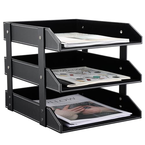 KINGFOM Letter Tray, Leather Paper Organizer Tray, Wooden Desk File Holder, Desktop File, Stackable Magazine Holder, Mail Sorter, Great for Home or Office - 3 Level Black - color: Black, size: 13.8" x 10.8" x 12"