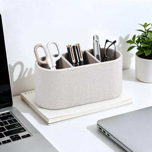 Aesthetic Remote Control Holder, PU Leather Remote Holder Desktop Organizers with 3 Compartments for Home Office Supplies and Accessories, Stylish Bedside Nightstand Organizer (Linen) - color: Linen