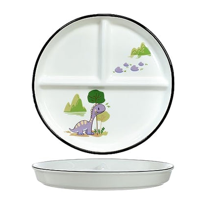 SOCOSY Dinosaur Ceramic 3-Compartment Portion Control Plate Divided Dish Platters, Divided Dessert & Salad Dinner Snack Dishes, Appetizer Serving Trays, 1 PCS-Dinosaur-Purple-8 Inch - color: Purple Dinosaur