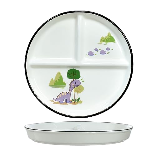 SOCOSY Dinosaur Ceramic 3-Compartment Portion Control Plate Divided Dish Platters, Divided Dessert & Salad Dinner Snack Dishes, Appetizer Serving Trays, 1 PCS-Dinosaur-Purple-8 Inch - color: Purple Dinosaur