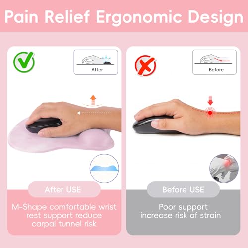 Mouse Pad with Wrist Rest Ergonomic Mouse Pad with Comfortable M-Shape Pain Relief Wrist Support Non-Slip PU Base Mousepad for Laptop, Office & Home (Blush Pink) - color: Blush Pink