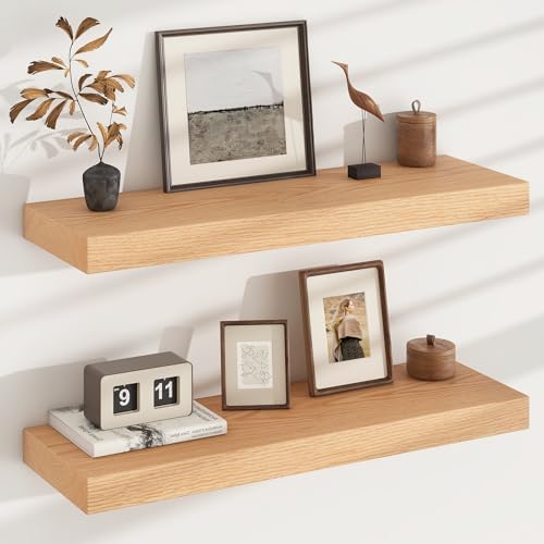 FLYJOE Floating Shelves for Wall, USA-Sourced Oak Wood 30 Inch Wall Shelves Set of 2, Natural Wooden Mounted Picture Ledge Shelf, Nursery Book Storage Shelf Kids Bookshelf Display, Shelf for Bathroom - color: Usa-sourced Oak Wood, size: 30''W, 2Packs