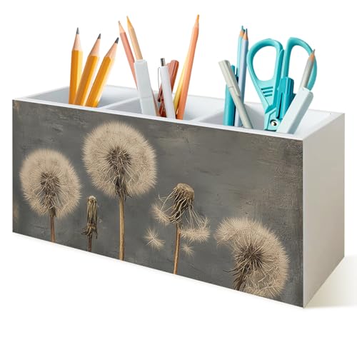 Vintage Rustic Dandelion Floral Pen Holder for Desk, Cottagecore Moody Botanical Flower Wooden Box Sign Desk Storage Organizer for Home Farmhouse Tabletop Table Shelf Decoration - color: Rustic Dandelion