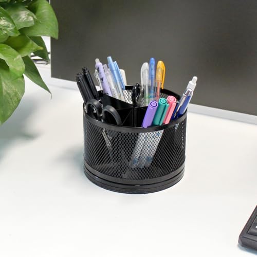 SETTFRFE Mesh Rotating Pen Holder for Desk, Black, 6-Slot | Large Pen Container with Handle, Multi-Functional Desk Organizer for Office Supplies, Art Tools & Makeup Brushes