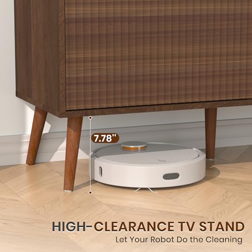 TV Stand for Living Room to 55/60/65/70 Inches, Mid Century Modern TV Consoles with Power Outlet, Entertainment Center with Door Cabinets and Open Shelves for Living Room, Bedroom, Walnut