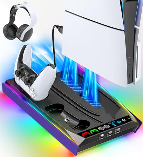 Rysker P-5/Slim/Pro Stand and Cooling Station with LED Controller Charging Station, P-5 Controller Charger, P-5/Slim/Pro Accessories Kit with 3 Level Cooling Fan for PlayStation 5 Case - color: Galactic Purple