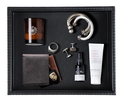 HofferRuffer Faux Leather Vanity Tray, Elegant Desktop Storage Organizer, Decorative Catchall for Perfume, Bathroom Valet, Nightstand or Dresser, 10.2 x 8.4 x 1.8 inches (Black Stripe) - color: Black Stripe, size: 10.2" x 8.4" x 1.8"