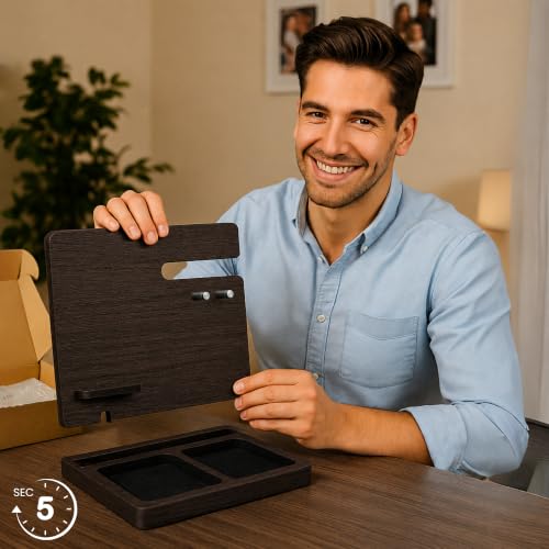 Namore Nightstand Organizer for Men – Wood Phone Docking Station & Bedside Valet Tray Organizer for Wallet, Watch & Keys – Unique Gifts for Men, Husband, Dad - color: Tabaco
