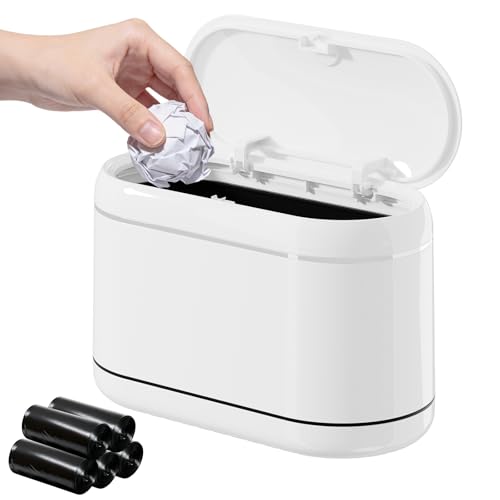 PAVSTINE Mini Trash Can for Desk with 5 Rolls Trash Bags, White Full-Lid | One-Hand Press-Top Opening, Space-Saving Small Vintage Garbage Bin for Desk & Countertop, Fits Bedroom, Vanity & Kitchen - color: White Full-Lid