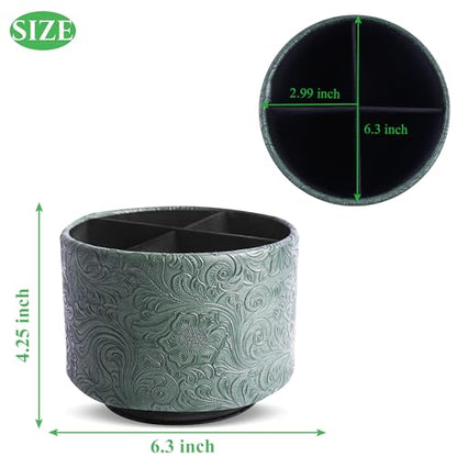 lizimandu Round Leather Art Supply Organizer,Remote Control Holder,360 Degree Spinning,Multi-Functional Pencil Holder,4 Compartments Desktop Stationary Organizer(1-Carved Cooper Green) - color: 1-Carved Cooper Green