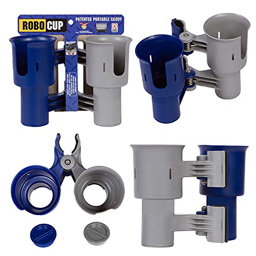 ROBOCUP, (Navy&Gray), Patented Clamp On Boat Cup Holder |Multifunction Dual Drink Caddy for Fishing Poles, Tools, Net, Gaff |Portable Storage for Boating, Beach, Umbrellas, Golf Carts, Strollers - color: Navy & Gray, size: Standard Spring