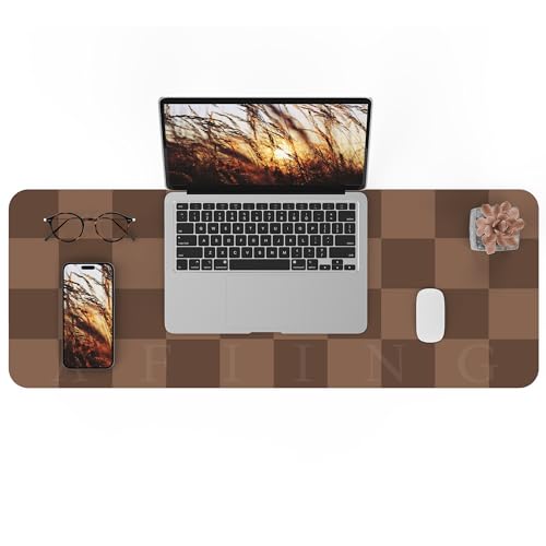 AFIING Brown Checkered Desk Pad 31.5" x 12" | Waterproof PU Leather, Non-Slip Rubber Base, Checkered Design, Office & Home - color: Brown